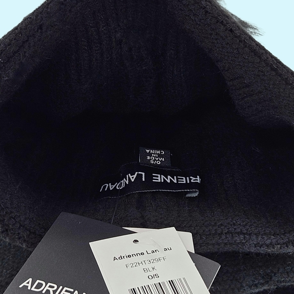 Adrienne Landau Hat Beanie Black Wool Blend Embellished Faux Fur Pom Pom Holiday